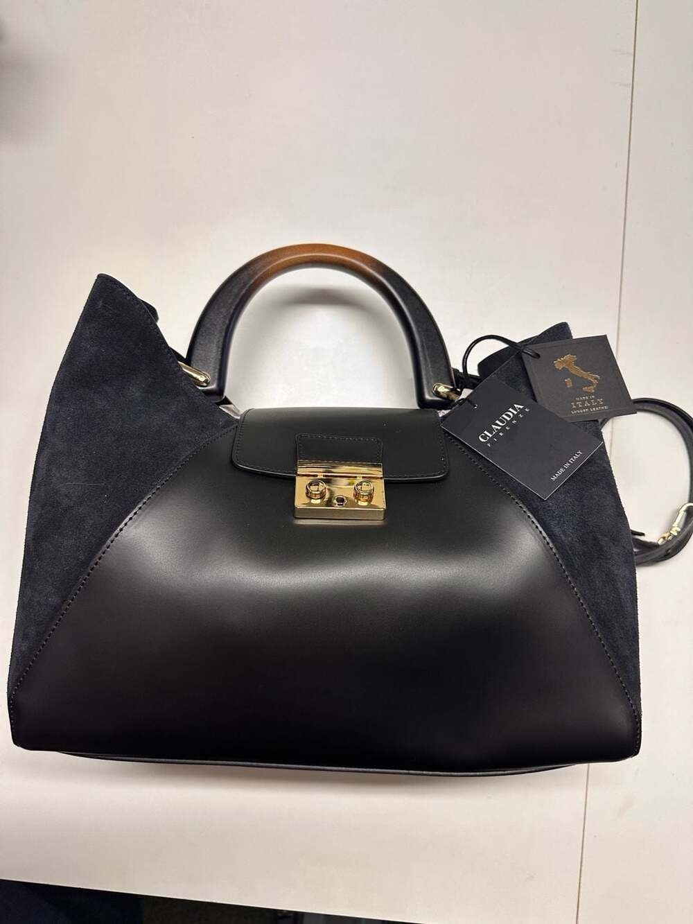 Claudia Firenze NWT Black Leather and Suede Satchel Handbag Made in Italy